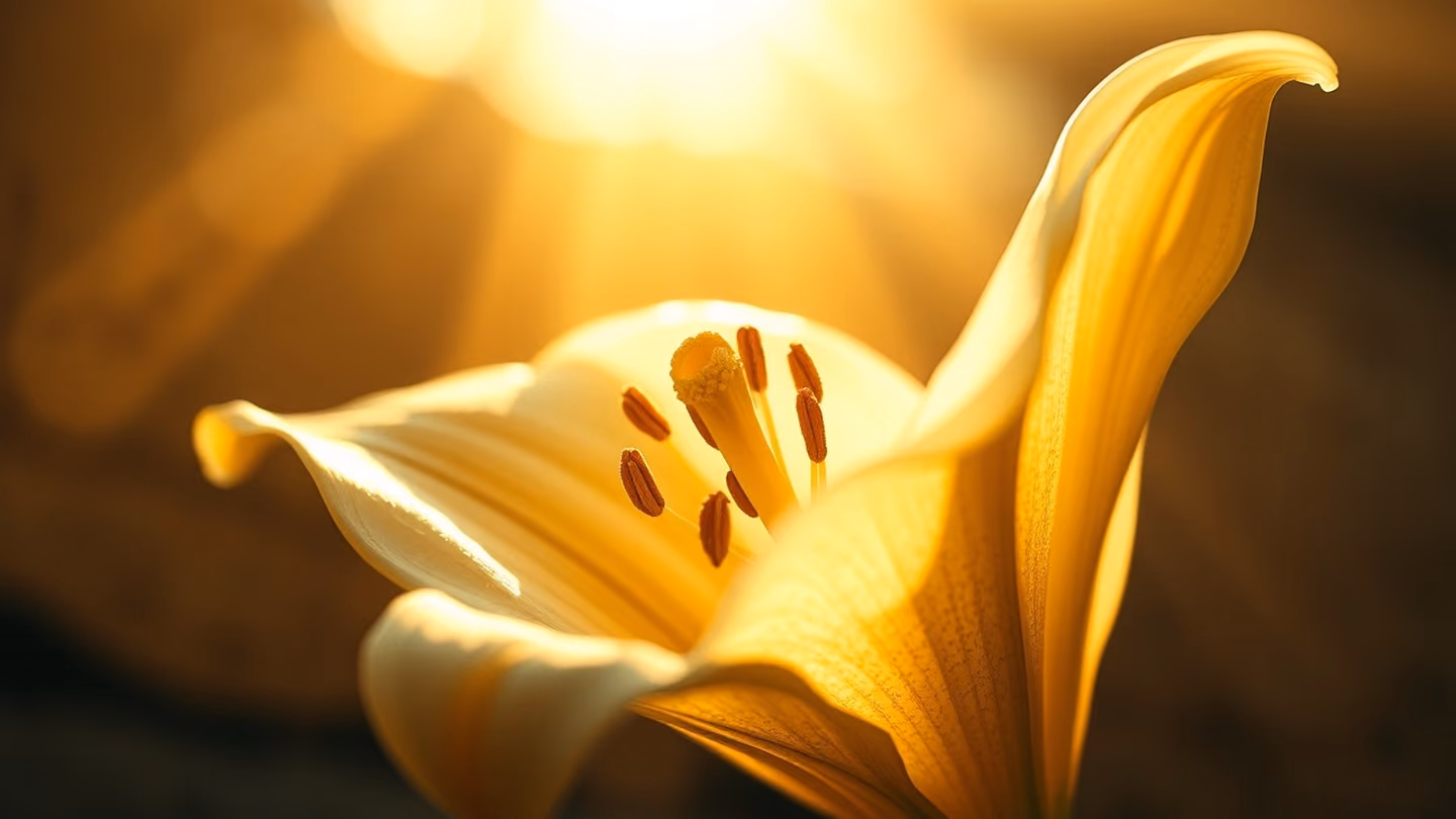 Extreme close-up of a white lily flower beginning to wilt, its petals curling shut with intricate, delicate botanical detail illuminated by soft morning rays.