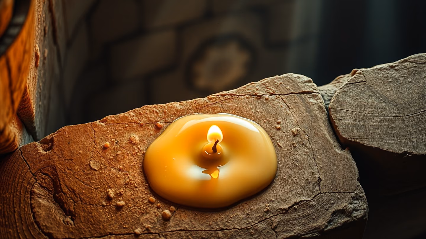 Overhead shot of a single wax candle melting into a pool of soft, formless liquid on an ancient stone ledge, textures thick and viscous.