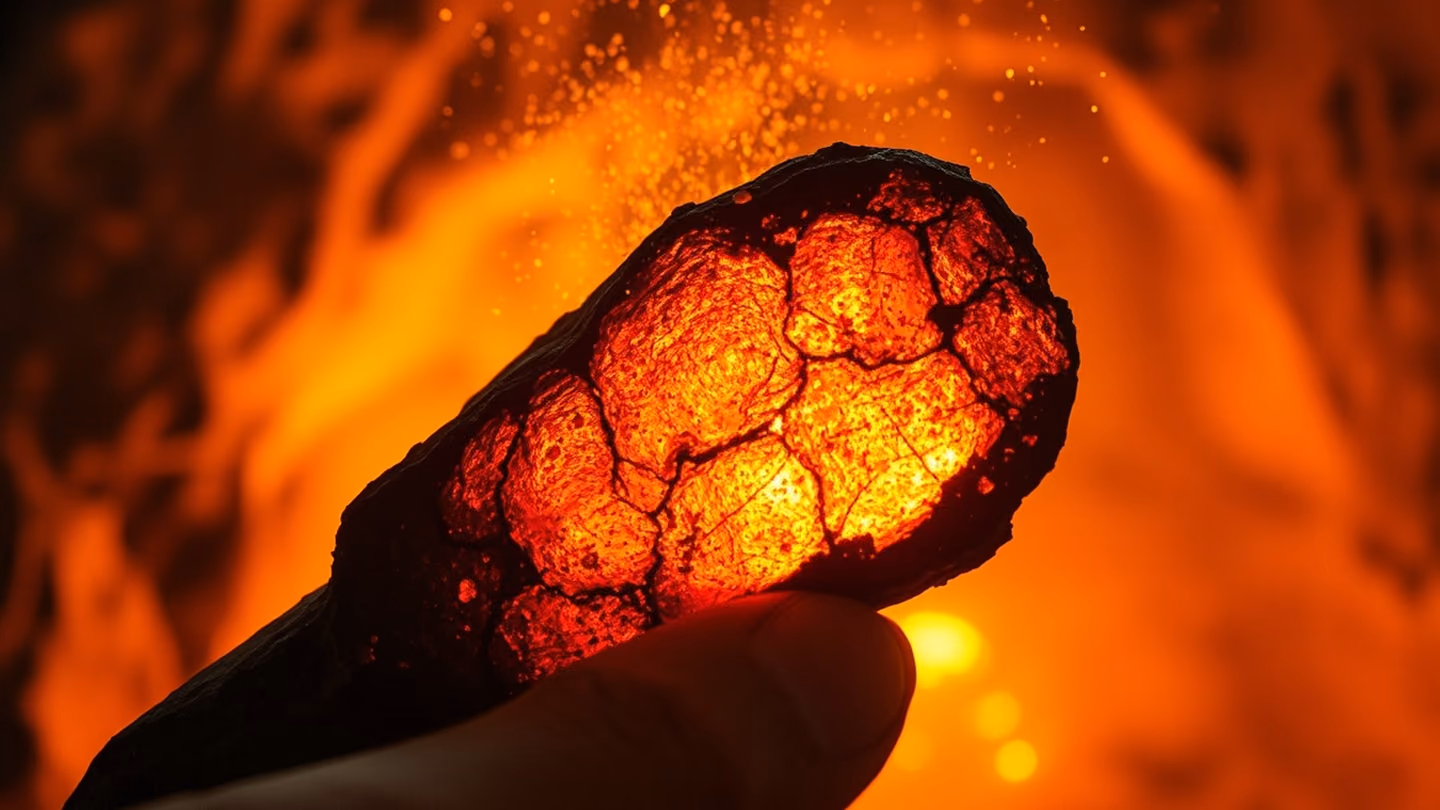 Macro shot of a fragment of raw, cold iron held against a glowing, intense furnace fire, sparks of golden dust dancing in the air.