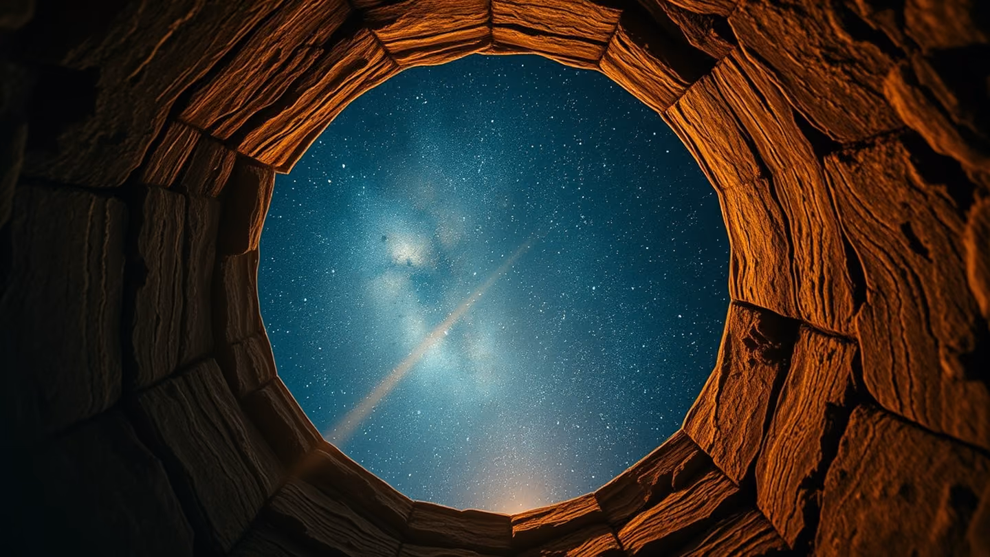 Wide shot looking through a circular stone aperture at a rotating, star-filled night sky that feels vast and cold, captured in deep indigo and gold.