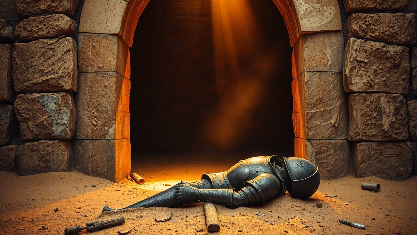 Scene framed through a heavy stone doorway at a discarded suit of iron armor lying abandoned in the dust, highlighting the hollow void of the metal.