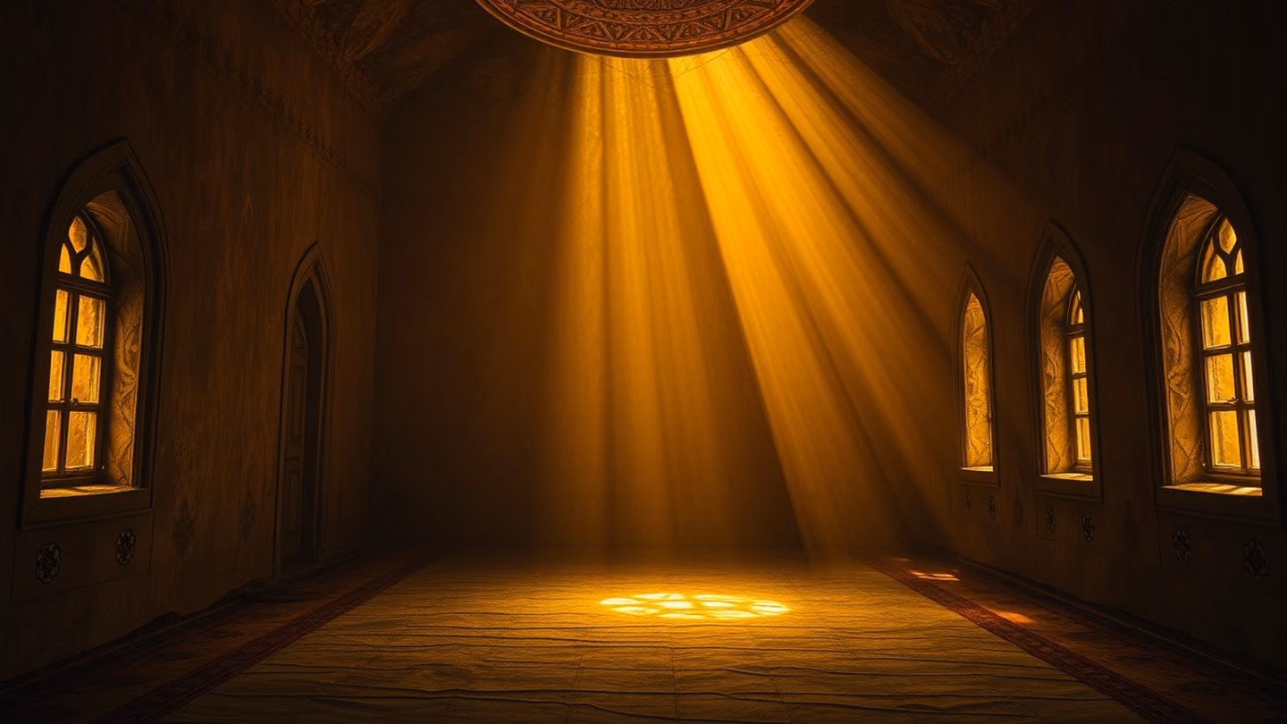 Vast, dimly lit interior room where every small window frame and wall crack has been sealed with thick fabric to block all external light, leaving only a soft, internal glow.