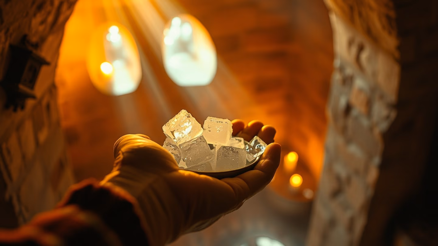 Extreme close-up of a withered hand offering a small bowl filled with crystalline sugar cubes inside a dim, candle-lit stone alcove.