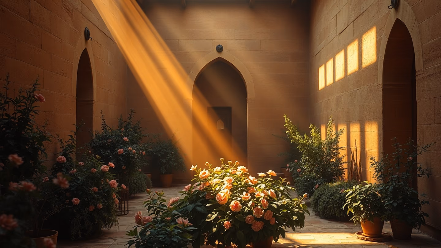 Wide shot of a lush garden blooming intensely in a stone courtyard, where the shadows on the walls flicker as if from a nearby fire.