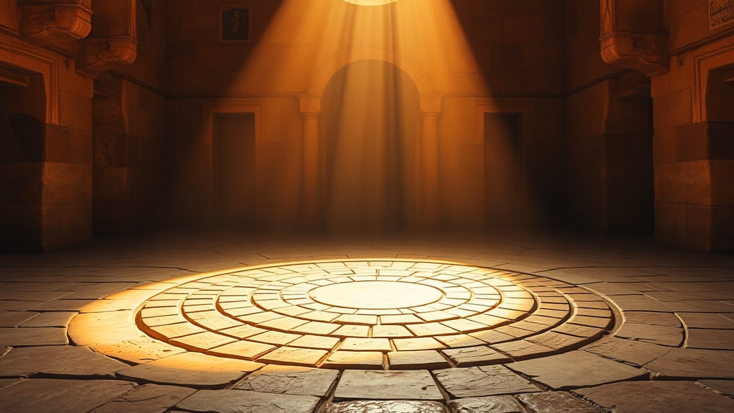 Wide shot of a stone floor with a circular pattern, marking a clear division between light and shadow, suggesting a threshold between life and death.