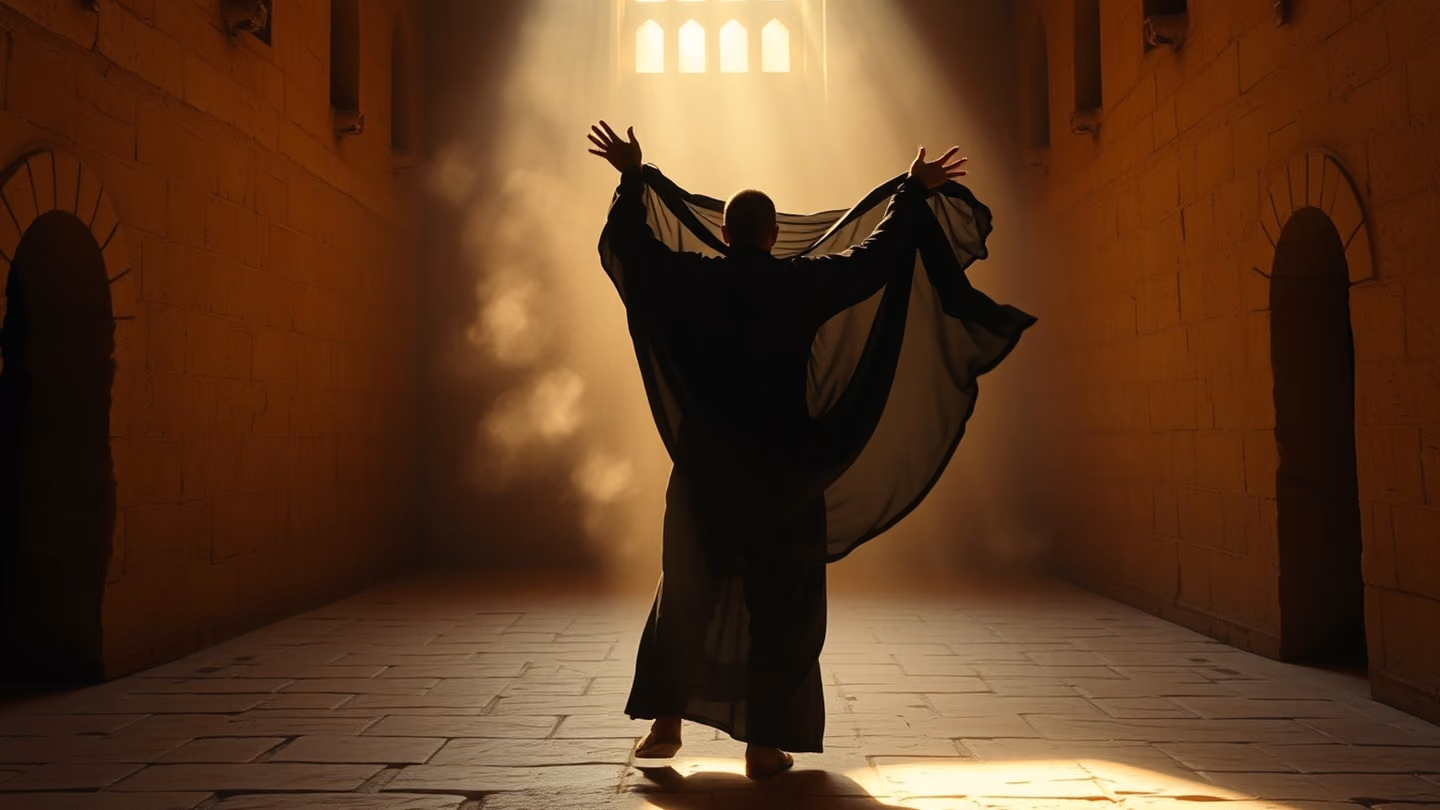 Silhouette of a figure casting off a heavy, dark robe, their arms raised in a graceful, flowing dance motion within the same stone courtyard.