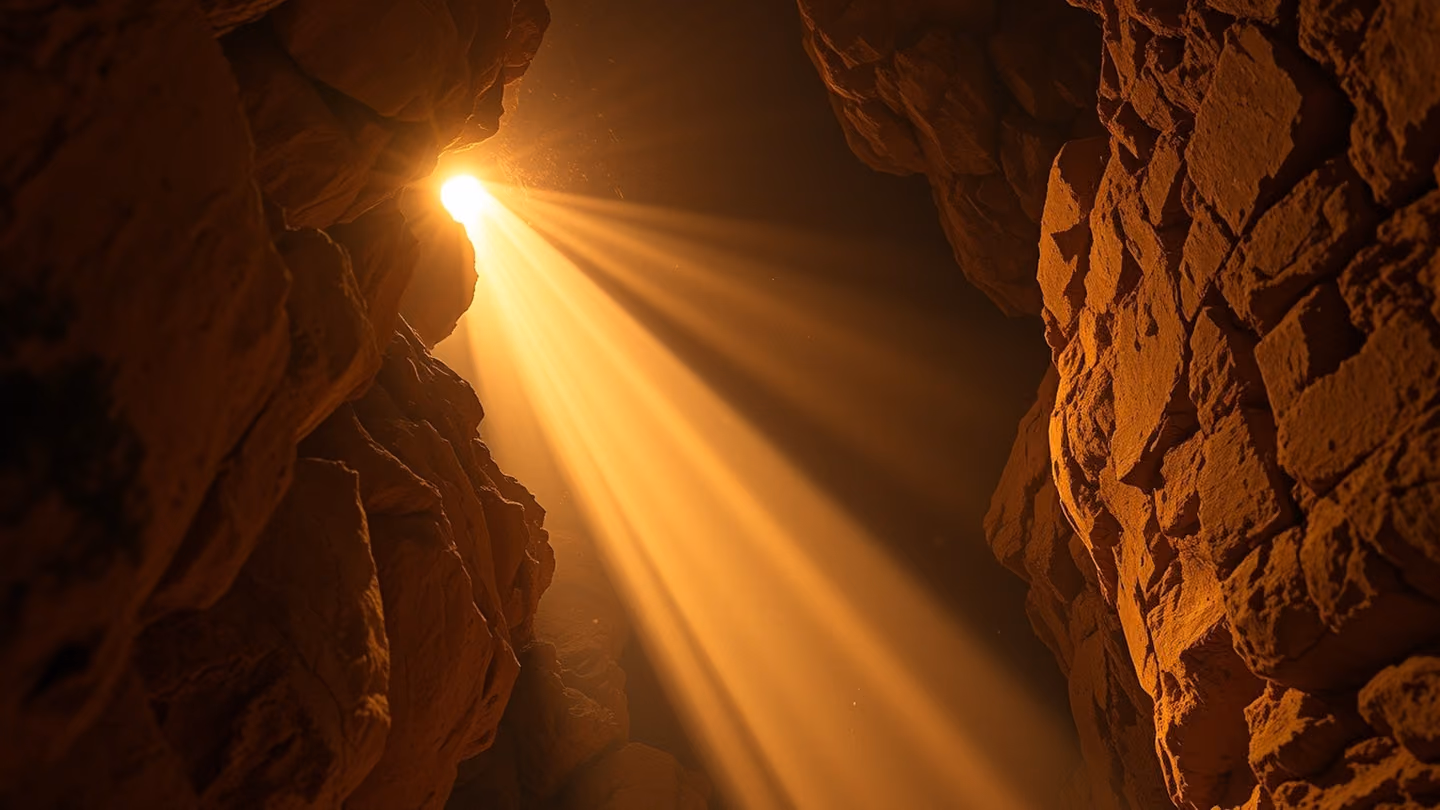 Extreme close-up of jagged rock walls in a dark cavern, veins of gold ore shimmering under a single piercing ray of light.