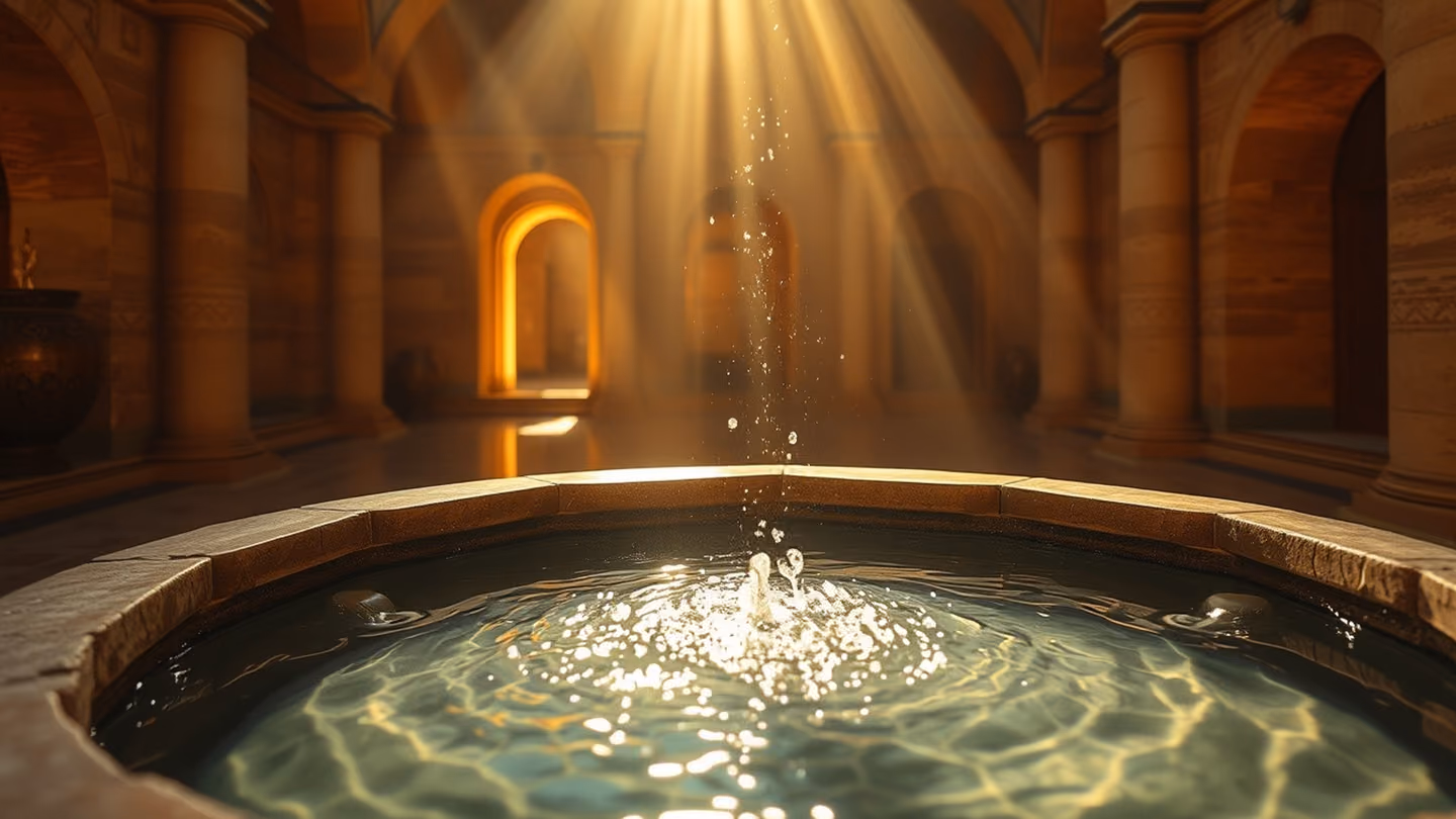 Medium shot of a stone fountain basin overflowing with crystal clear water, the surface shimmering with reflected golden light.