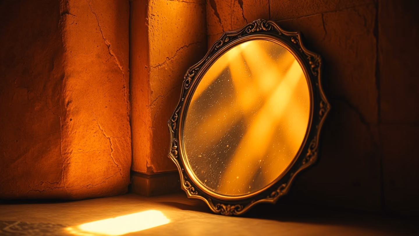Close-up of an ancient, tarnished silver mirror propped against a wall, reflecting a blinding, divine light that obscures any human features.