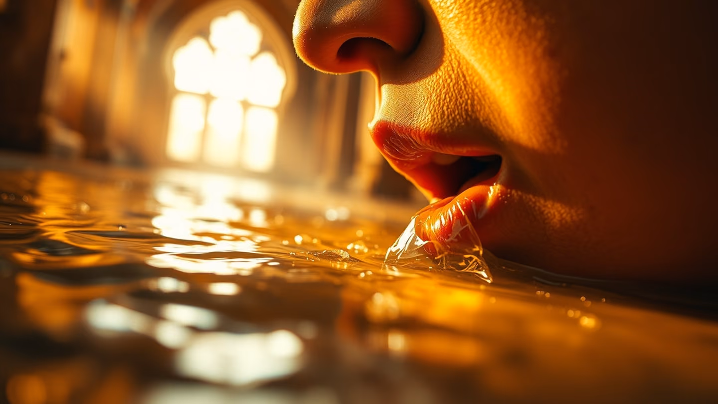 Extreme close-up of a mouth leaning down to drink from a shimmering, flowing river of life, the water glowing with an ethereal, warm light.