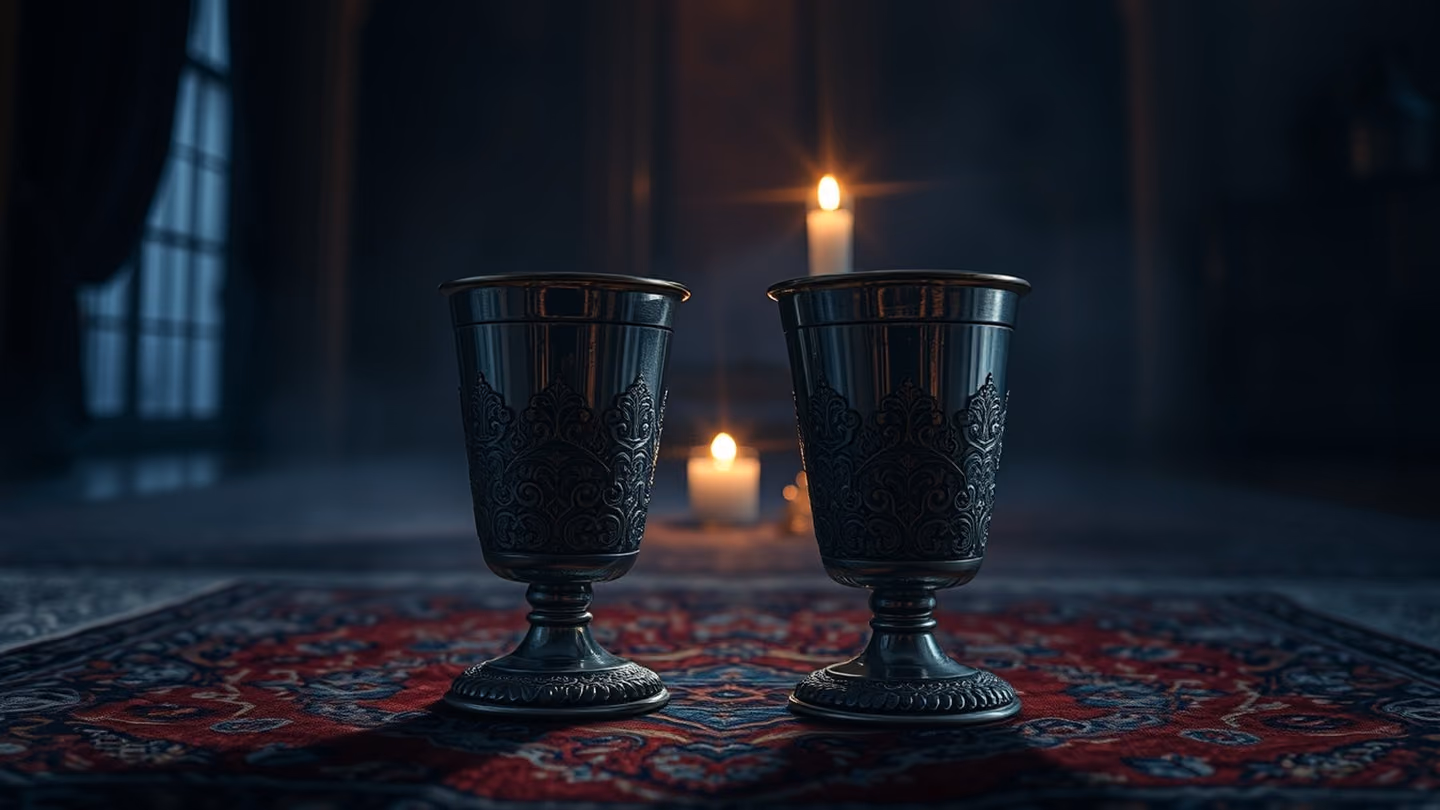 Extreme close-up of two ornate, empty silver goblets resting on a hand-woven Persian rug inside a dark, candlelit chamber, soft warm glow lighting the metallic rims.