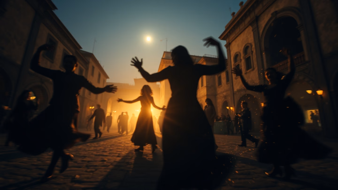Wide angle shot of a blurry, ecstatic spinning in a dusty old persian city square at dawn, silhouettes captured against the rising light, gold dust motes swirling in the air.