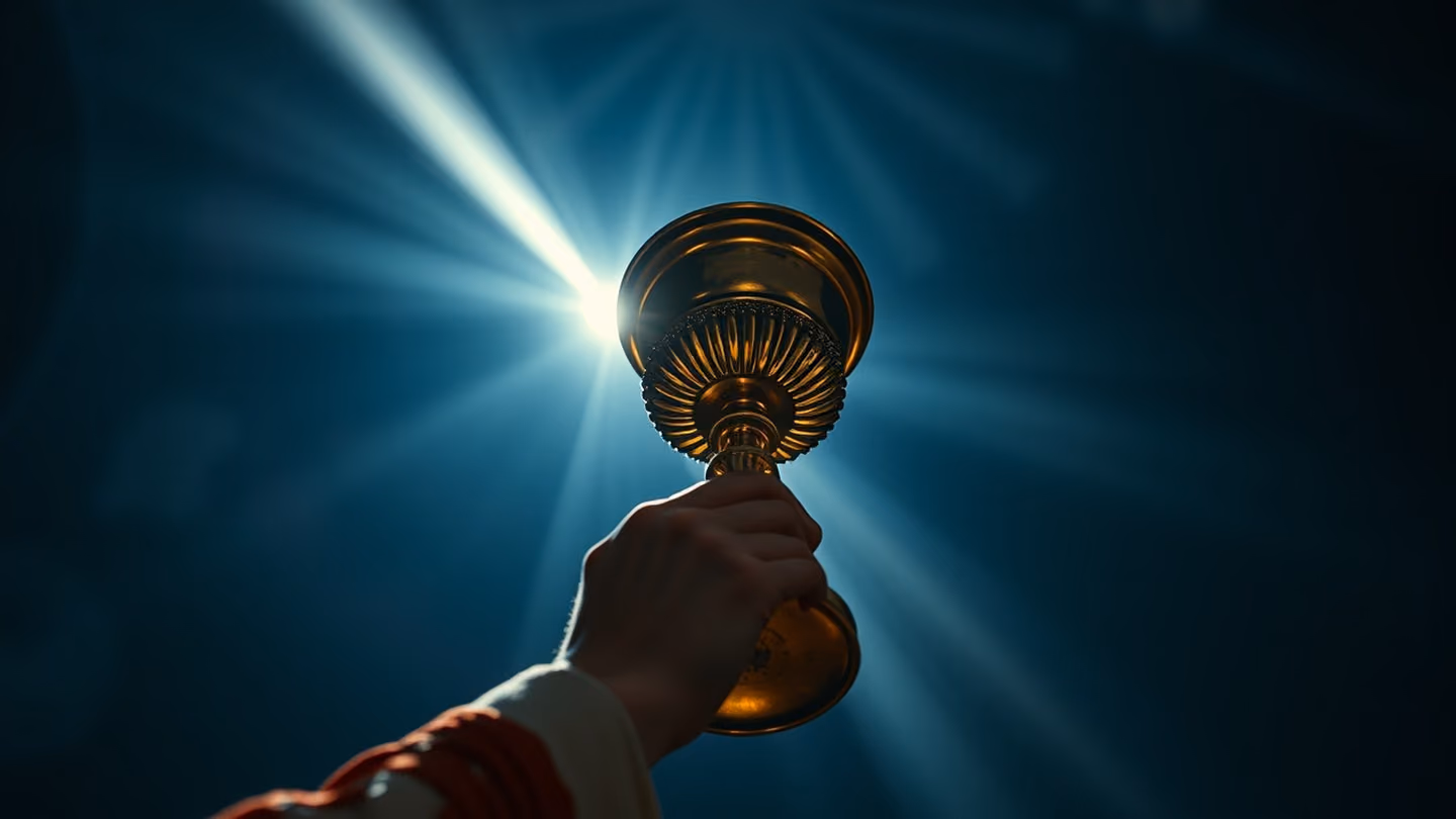 Low-angle shot looking up at a golden chalice held high by an unseen figure, the cup catching a single, intense shaft of sunlight breaking through a high, arched dome.