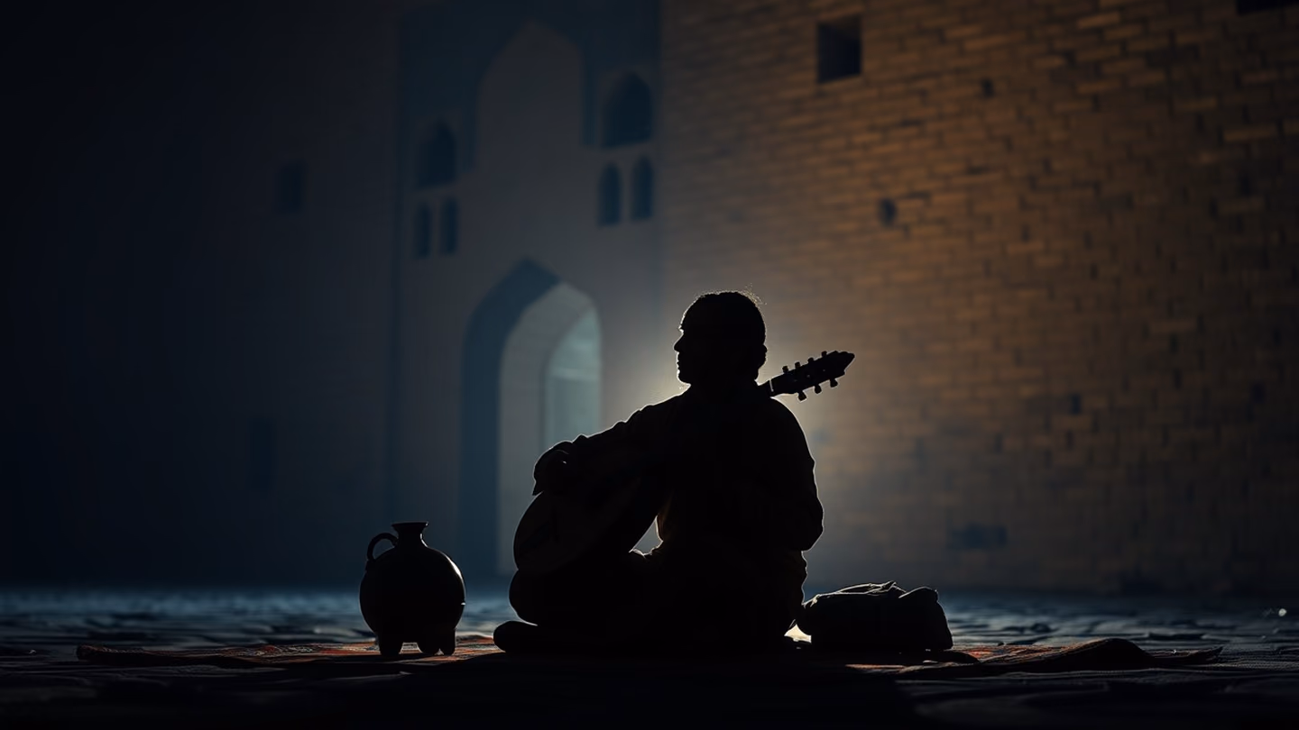 Silhouette of a nomadic lute player sitting on a rug playing an ancient barbat, captured against a vast, blurred mud-brick courtyard wall, backlighting creating a halo effect.