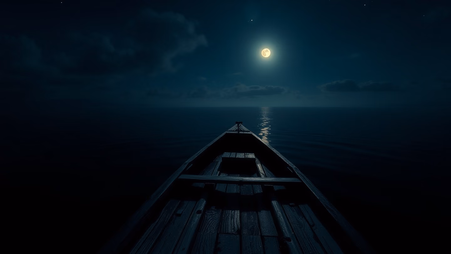 A wide shot of a weathered wooden boat without a rudder drifting on dark, still water at night, moonlight glinting off the wood grain, serene and lonely atmosphere.