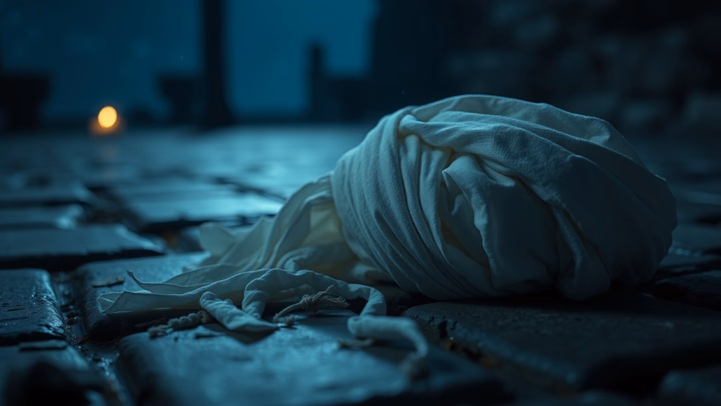 Extreme close-up of a discarded, unraveled white turban lying on a cold stone floor, the fabric catching faint, flickering light from a distant, unseen candle.