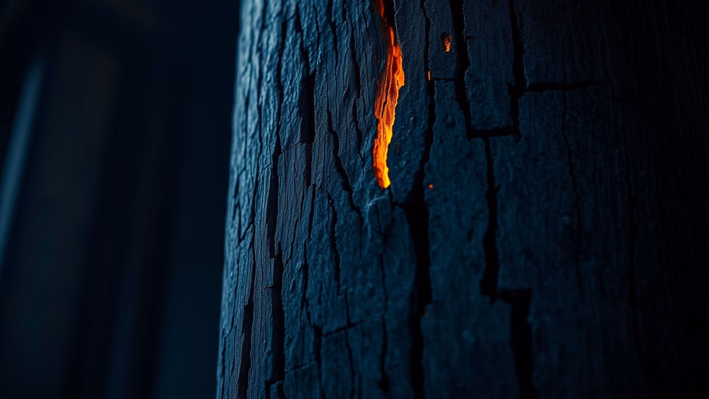 A close-up of an ancient, cracked wooden pillar in a sanctuary, the grain texture highlighted by golden shafts, visual metaphor for the weeping wooden post.