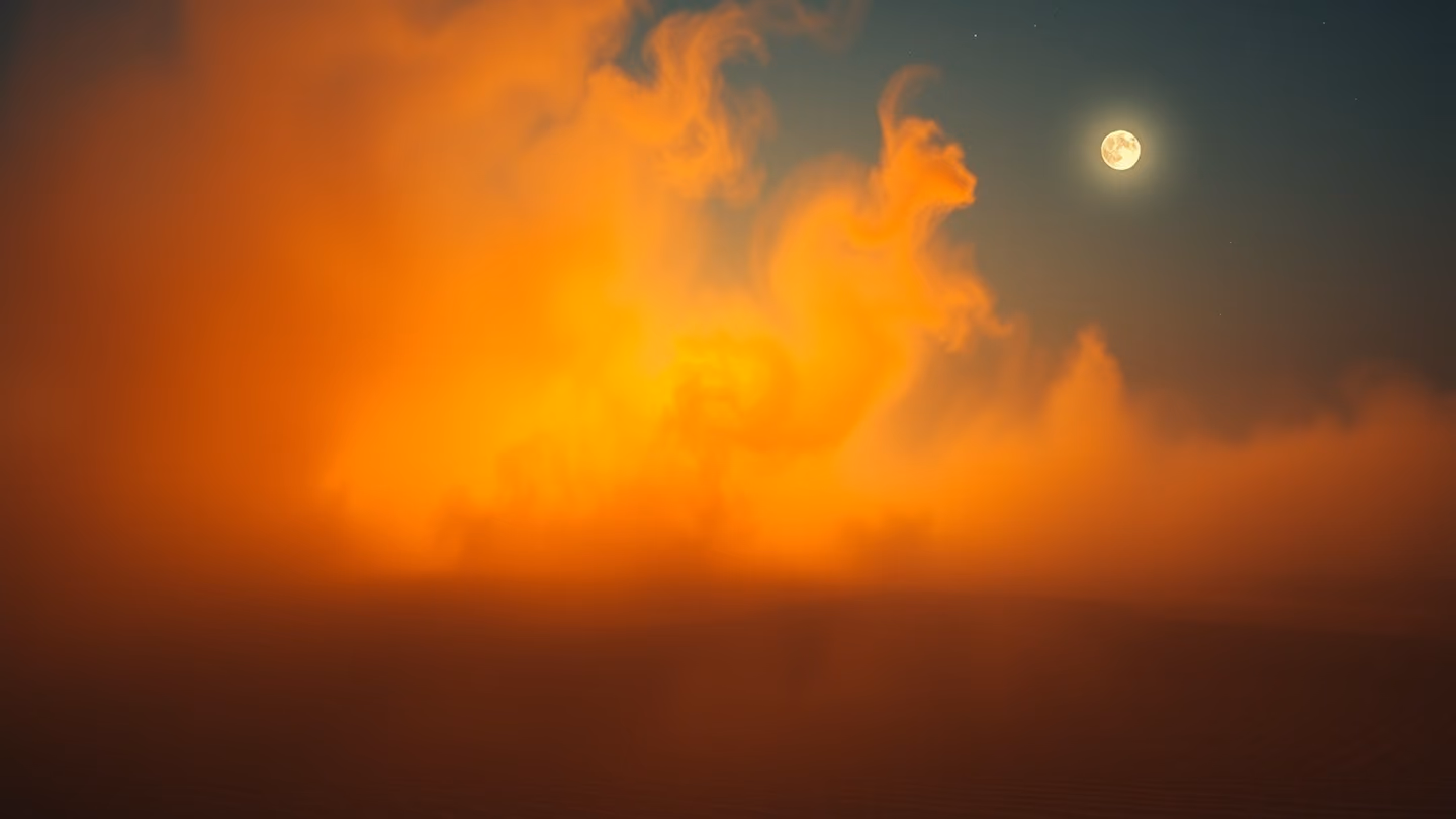 Vast wide shot of a swirling, golden dust storm in the desert at dusk, the atmosphere thick with floating sand particles, light diffusing into a soft, ethereal orange glow.