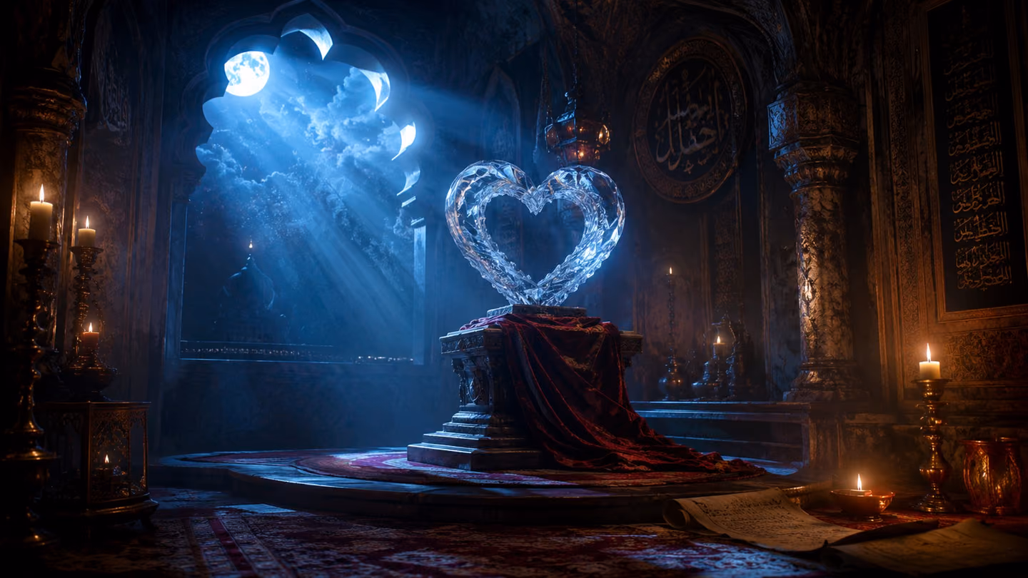 Wide establishing shot of a hollow, crystalline heart shape placed on an ornate pedestal, missing the eye of perception, bathed in cool blue moonlight.