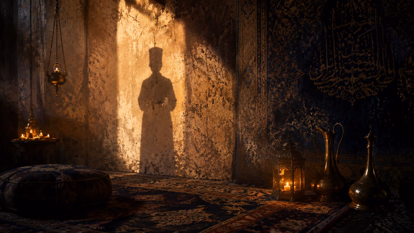 Silhouette of a figure standing perfectly still against a textured ancient clay wall, appearing flat and featureless as if painted, captured in low-angle sunlight.