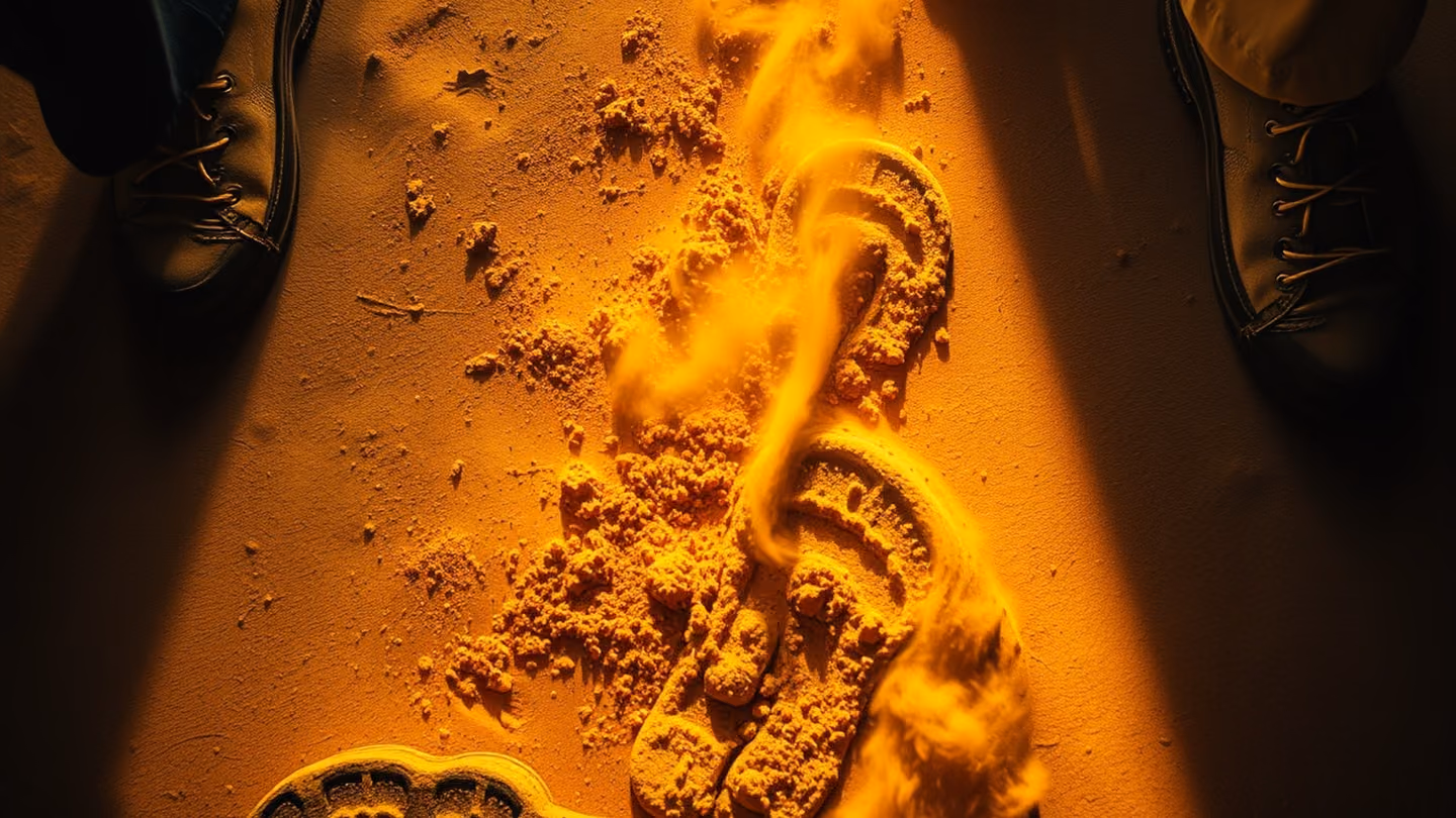 Overhead view of a wanderer's footprints slowly being filled by swirling golden dust on a desert path, symbolizing the ego turning to humble dirt.