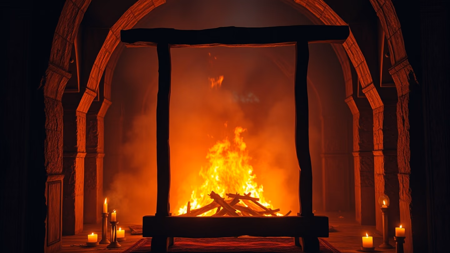 A dark wooden gallows frame set against the backdrop of a roaring, intense orange bonfire, framed through a series of ancient pointed stone arches.