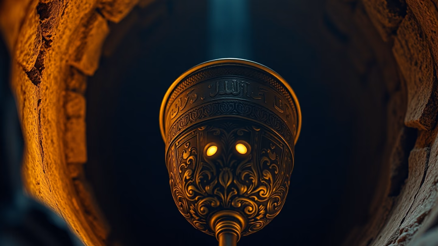Extreme close-up of an ornate antique wine goblet resting at the bottom of a dark, deep well, reflecting a tiny spark of light held in the 'depth of the soul'.