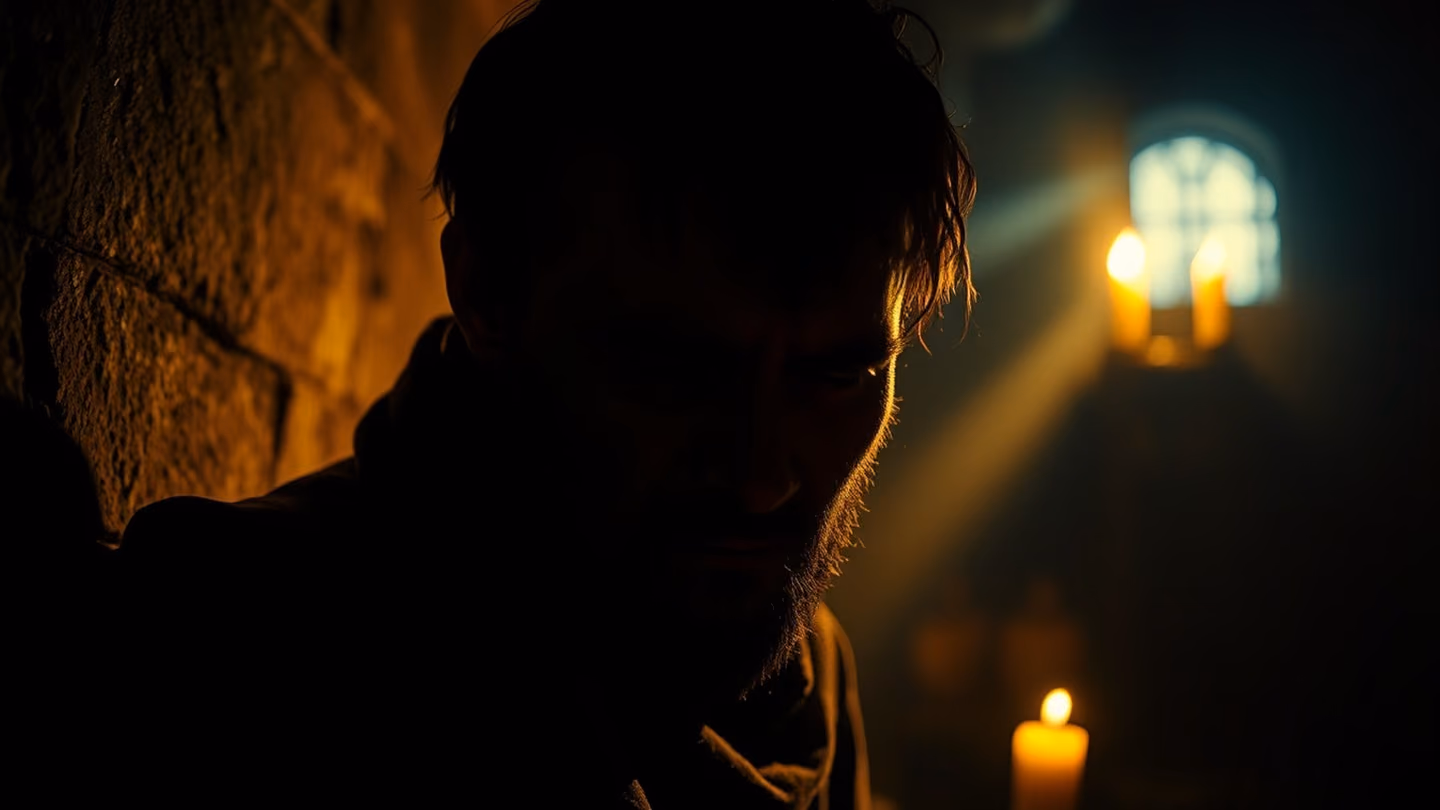 A shallow depth of field shot of a grimy, unwashed face obscured by shadow, huddled in the corner of a dimly lit, soot-stained industrial furnace room.