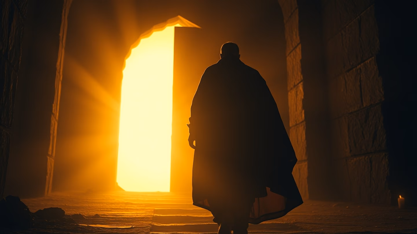 A distant silhouette of a traveler leaving their heavy cloak behind on the threshold of a radiant, glowing golden gate, signaling the sacrifice of the self.