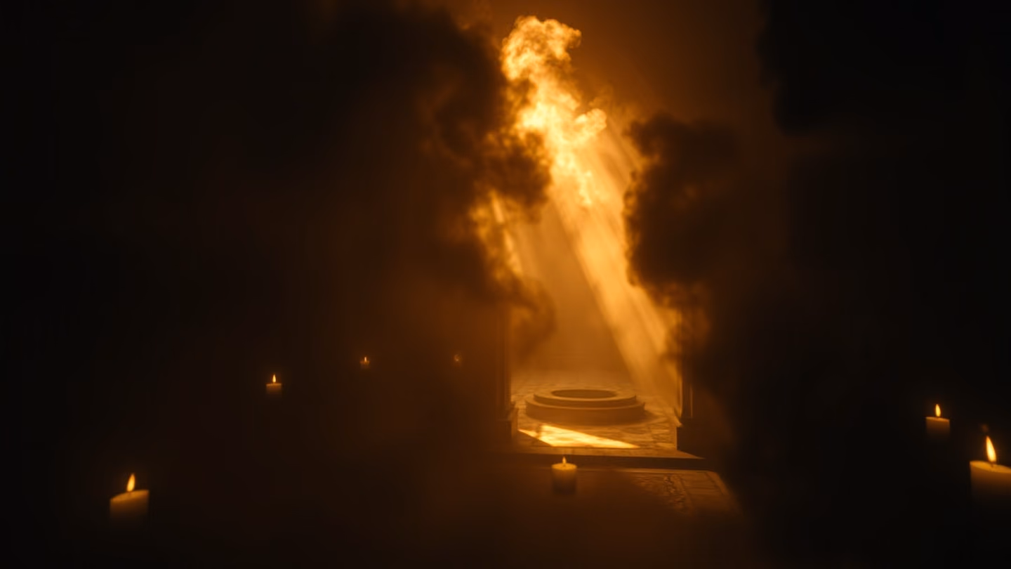 A low-angle shot looking through a thick, billowing curtain of smoke and fire that creates a wall of illusion, obscuring a distant, serene courtyard.