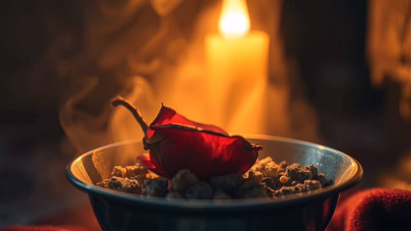 Close-up of a dried rose petal slowly curling and turning to ash in a silver bowl, symbolizing a heart consumed by the fire of longing in the quiet dawn.
