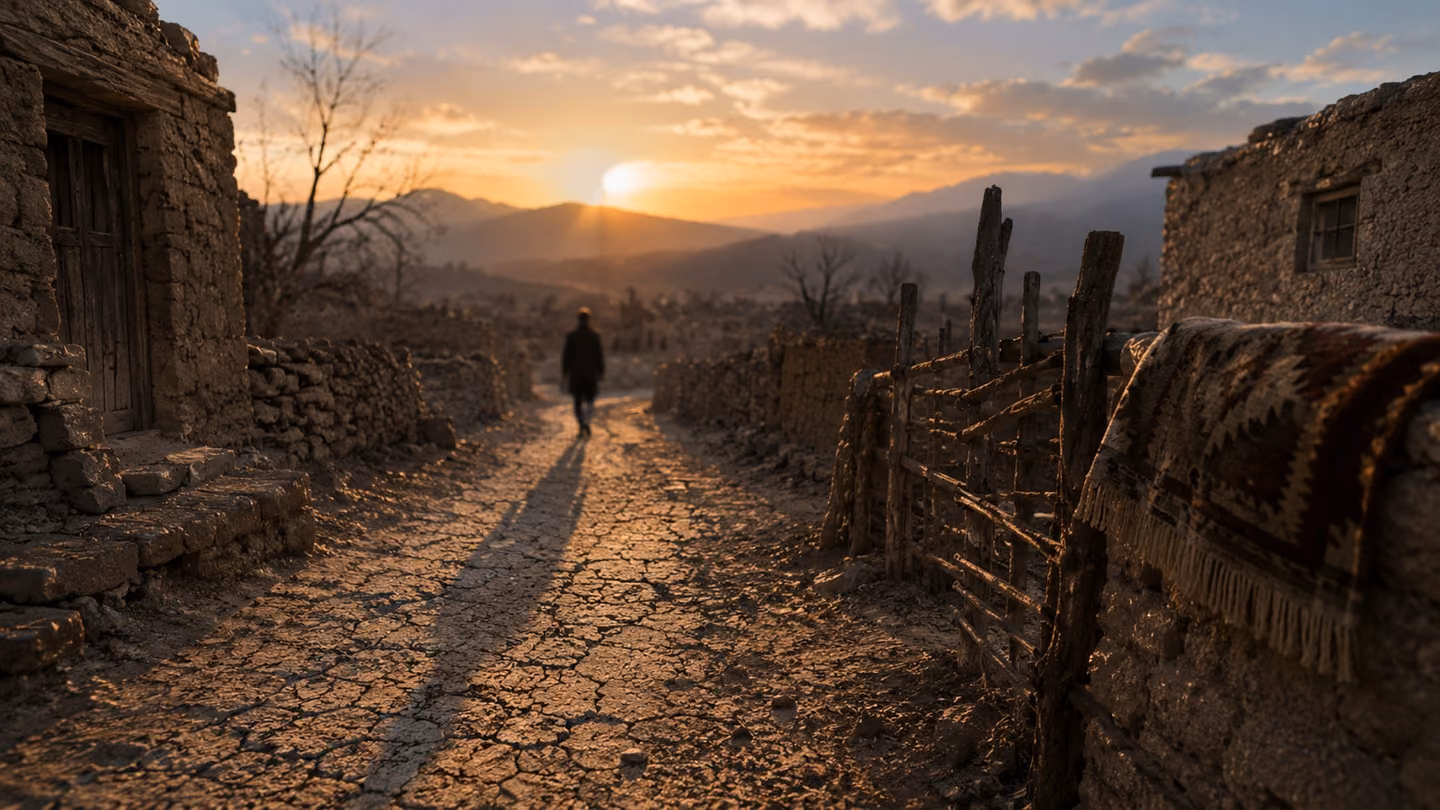 Wide angle shot of the same dirt path, now with a single blurred silhouette of a traveler casting a long, mournful shadow across the cracked clay ground.
