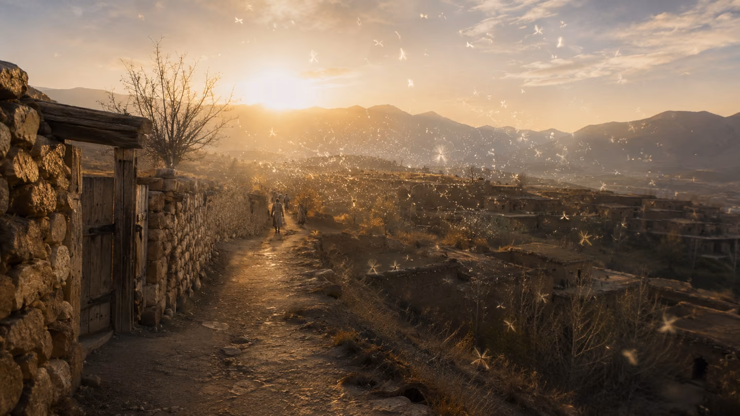 Wide angle shot of the path, where thousands of translucent, spirit-like shapes appear as dust motes scattering in the glowing morning air.