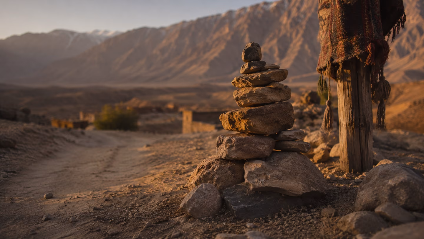 Medium shot focusing on a small, hand-built cairn of desert stones placed by the path, representing a hundred sacrifices, lit by the rising sun.
