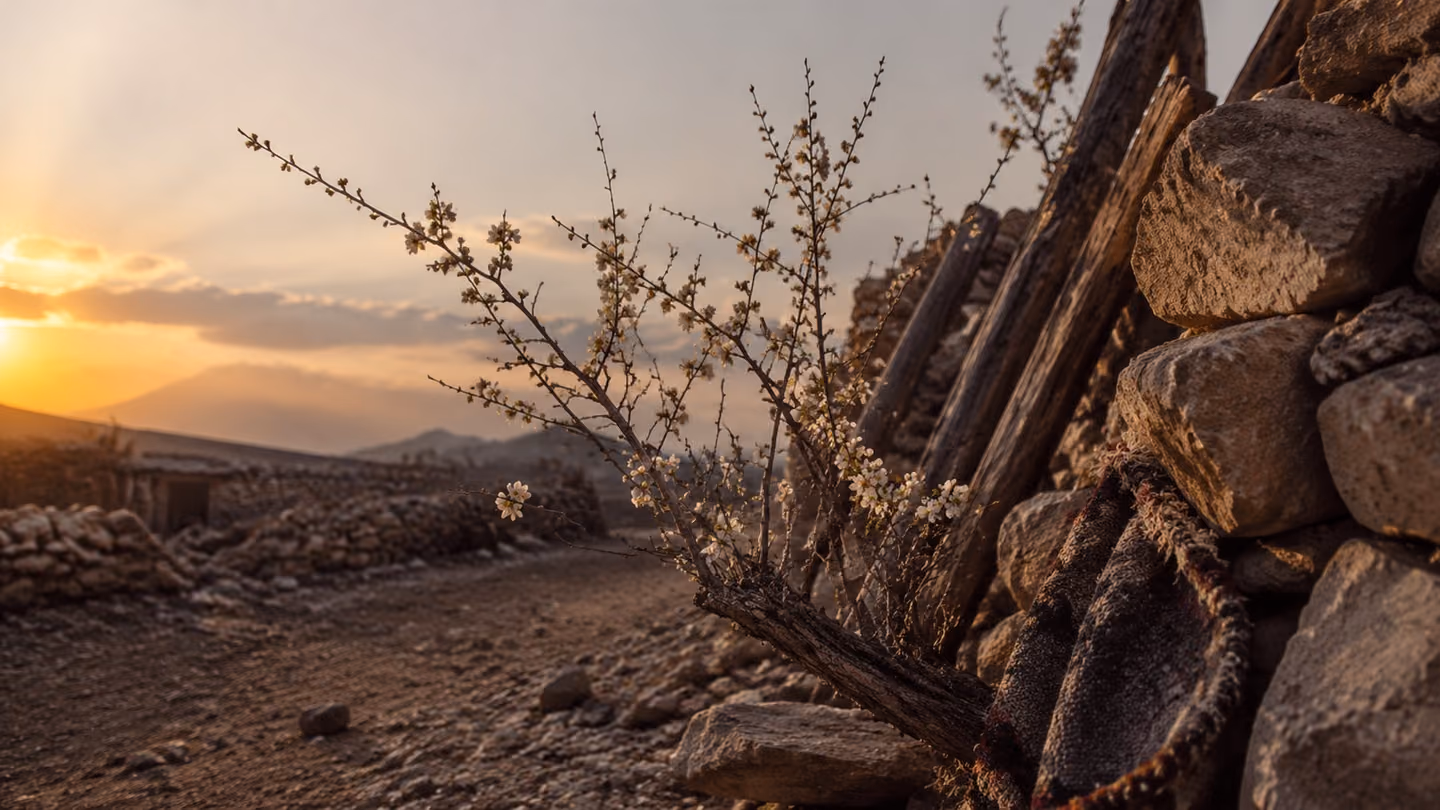 Medium shot of a gnarled, leafless wild almond branch emerging from the stones, miraculously blooming with tiny white flowers despite the dry, parched earth.