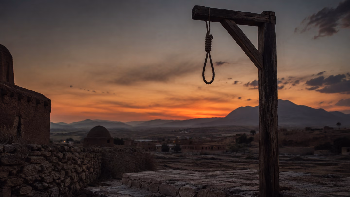 Medium shot of a wooden gallows post silhouetted against a deepening twilight sky, framing the distant horizon where the sun has just set.