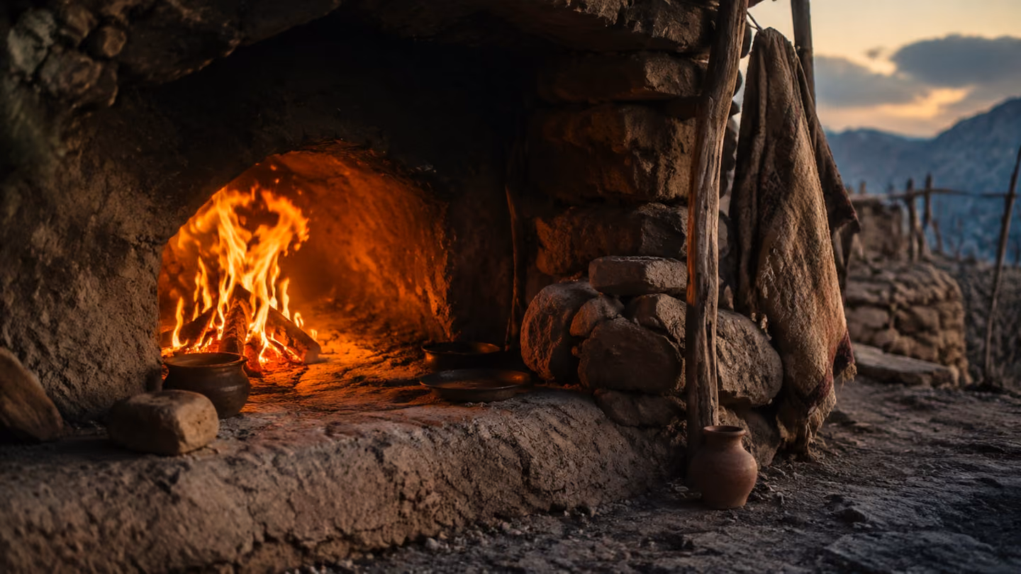 Close-up shot of an open, ancient stone hearth where a fire burns intensely, the flames illuminating the surrounding dark, rough textures of a mountain cave.