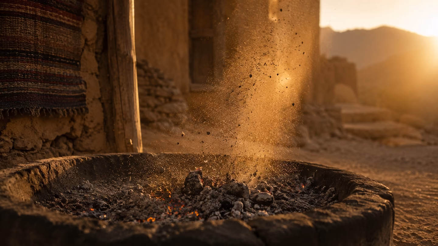 Close-up shot of grey ashes and fine dust swirling into a golden shaft of light, catching the embers of the fading fire.
