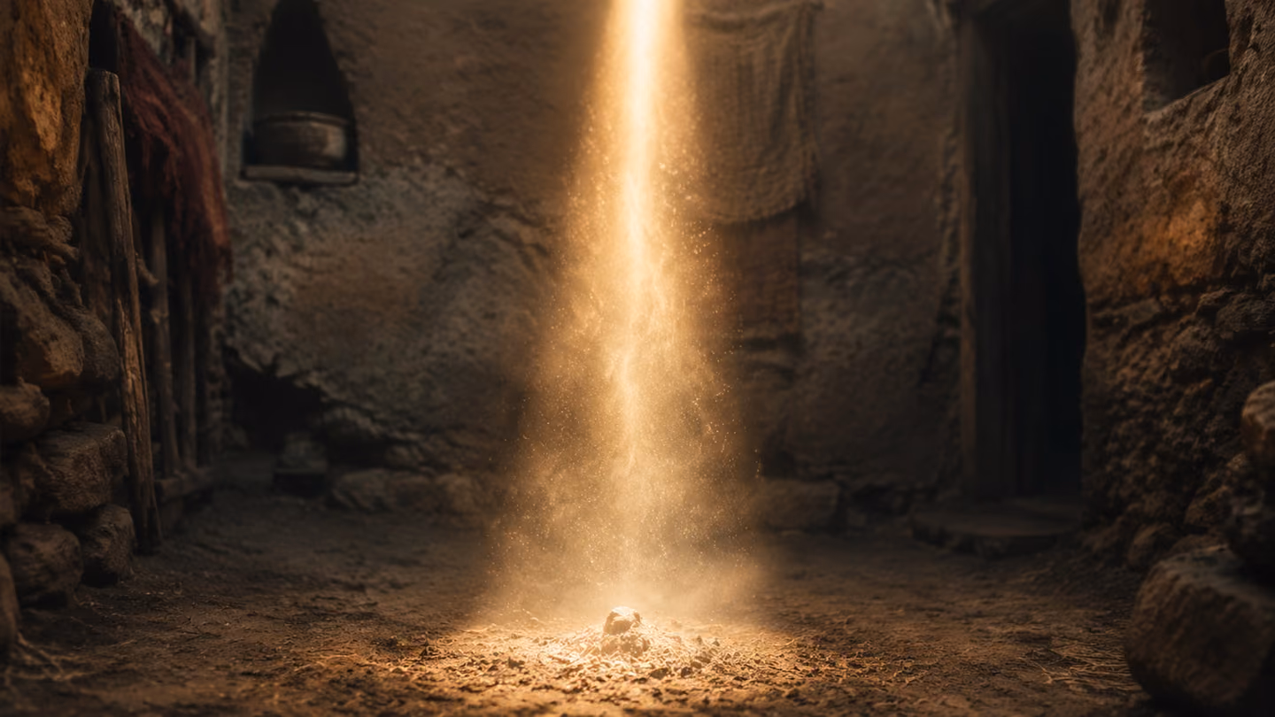 Close-up shot of a thick, shimmering cord of intense, focused sunlight stretching from the sky down to a pile of dust on the ground.
