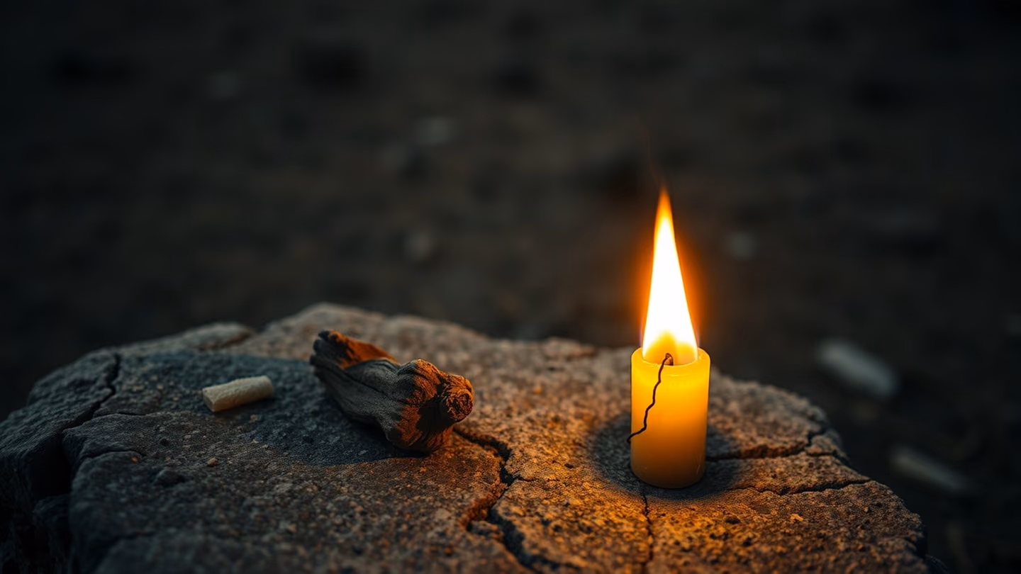 Extreme close-up of a thick beeswax candle placed on a weathered stone, its wick charred and bent over to one side, casting a final, flickering glow against the dark, earthy landscape.