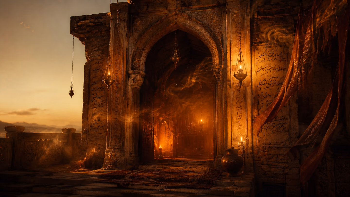 Wide establishing shot of an ancient sanctuary doorway at pre-dawn, a warm desert breeze visibly stirring hanging lamp smoke and loose fabric at the threshold, the interior beyond lost in amber shadow, the pale sky ab…