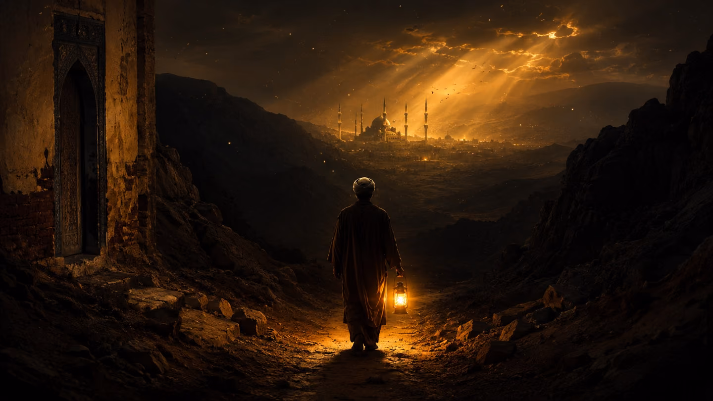 Silhouette of a lone wanderer seen from behind, walking a narrow rocky path that descends into a pitch-black valley, the surrounding hills no more than dark shapes, a single oil lantern held low casting a warm amber p…