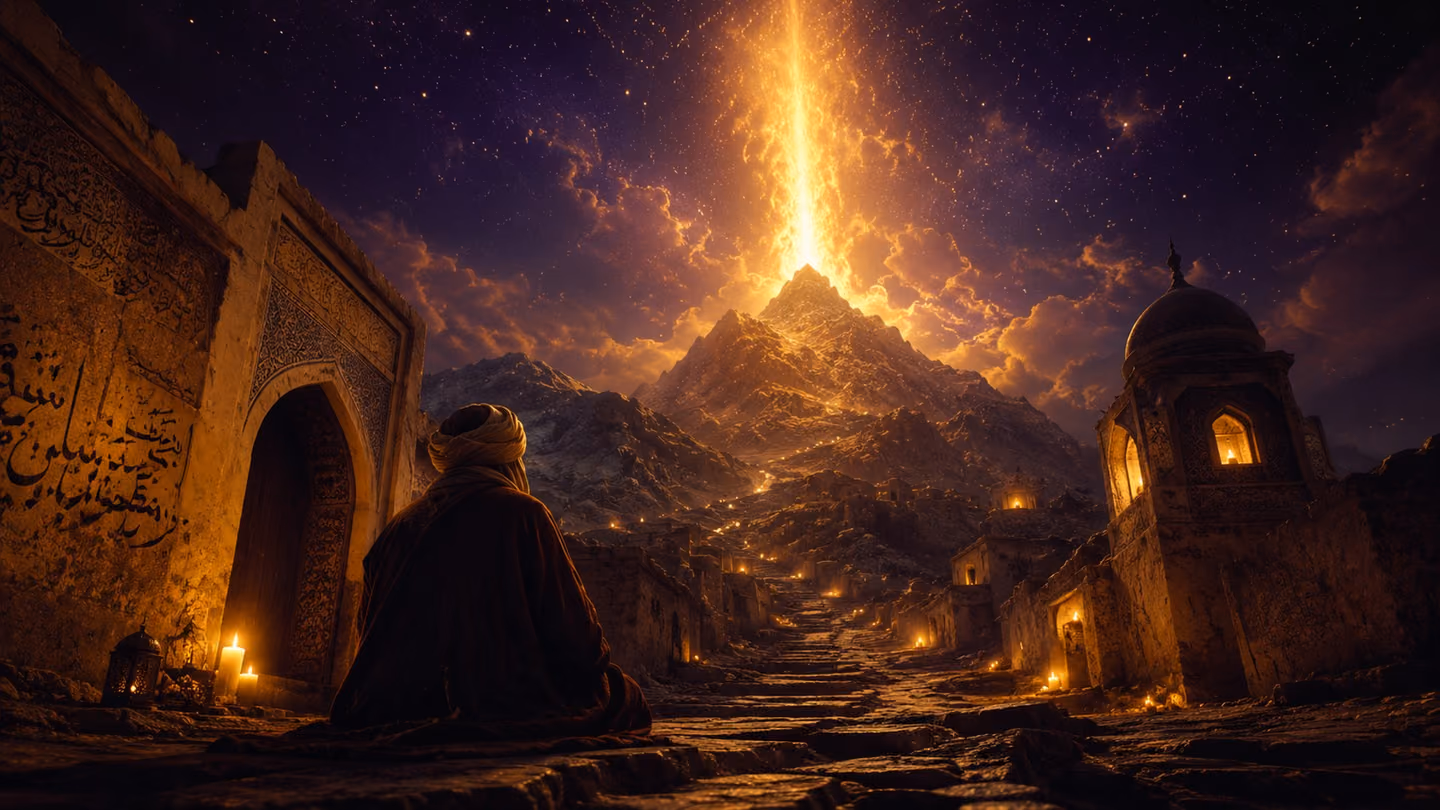 Low-angle shot looking up at a distant mountain peak where a column of divine fire blazes against the night sky, the stone ground in the foreground cold and dark, the flame's gold and white light reflecting off rough…