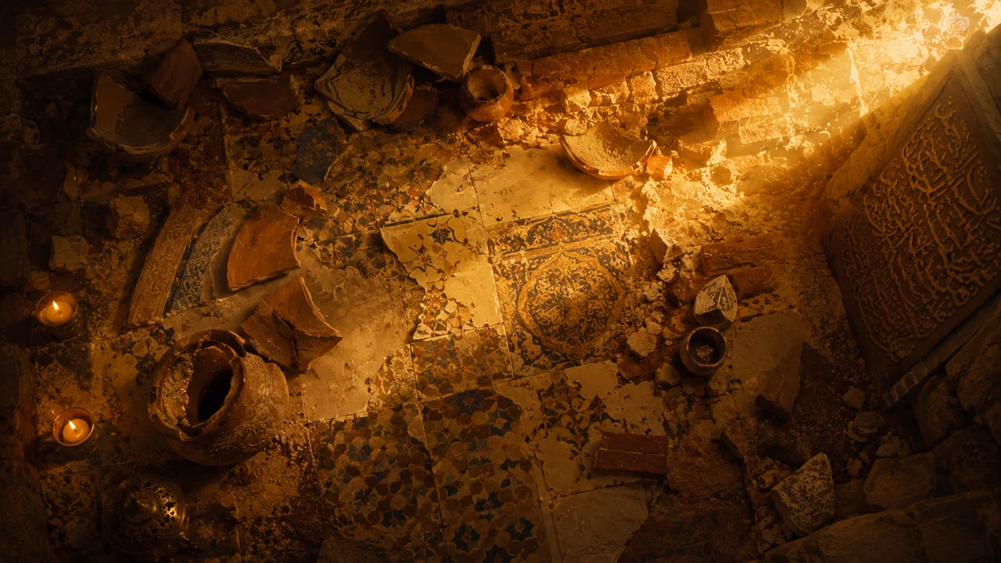 Overhead top-down shot of a stone floor strewn with broken earthenware shards, chipped mosaic tiles, and crumbled plaster, warm raking side-light casting long shadows from each fragment, the ruined geometry of the flo…