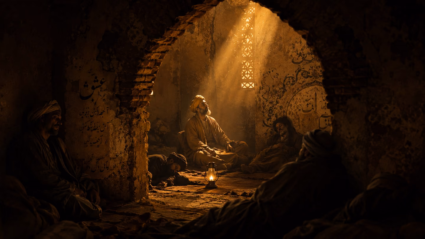 Medium shot framed through the crumbling arch of a kharabat doorway, the interior dim with exhausted figures slumped against worn walls in deep shadow, one guttering oil lamp on the floor the only light source, the ar…