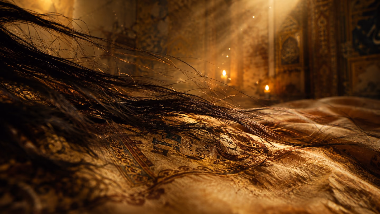 Extreme close-up of dark windswept hair loosely spread across aged parchment-gold cloth, individual strands catching warm candlelight, the texture of each hair hyper-visible, a soft blur beyond suggesting a dimly lit…