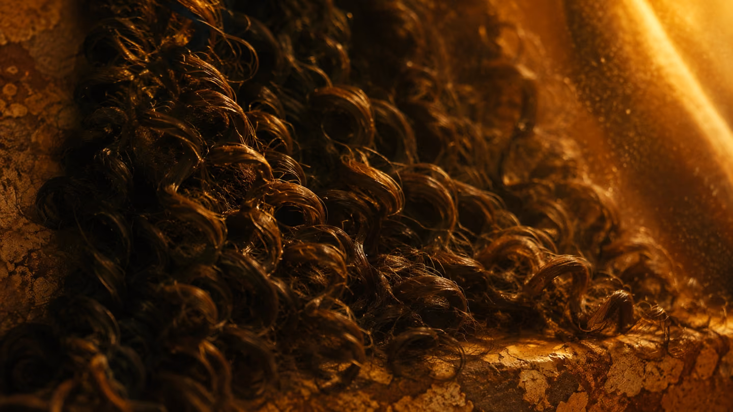 Extreme close-up of tightly coiled dark ringlets draped against a worn stone surface, the spiral locks filling the entire frame like a labyrinth, warm amber light raking across them from one side, the surrounding ston…