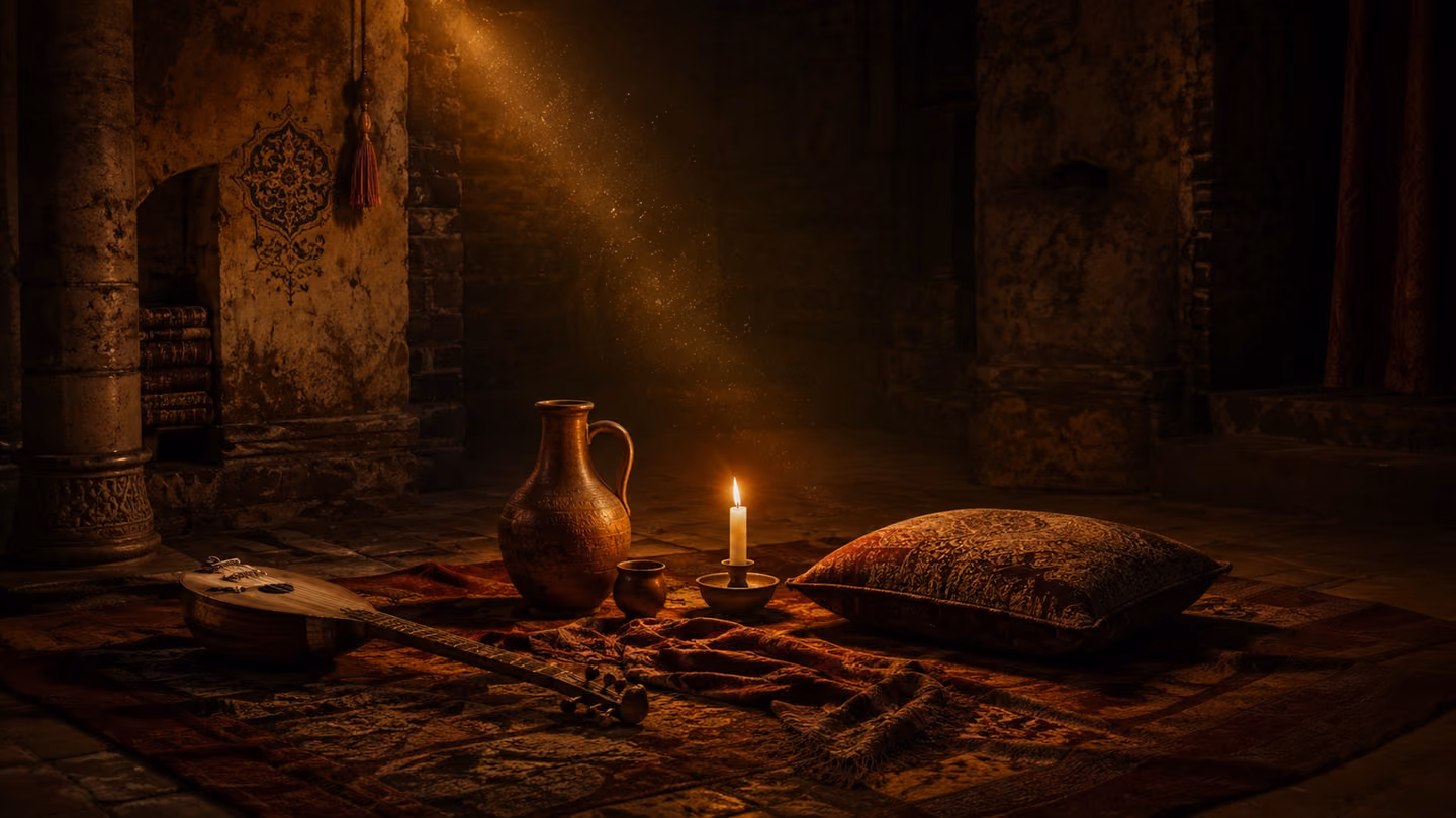 Wide shot of a low cloth spread in a dimly lit stone chamber, a clay wine jug, a wooden stringed instrument, and a single burning candle arranged carefully — one cushion noticeably empty beside them, the far wall in d…