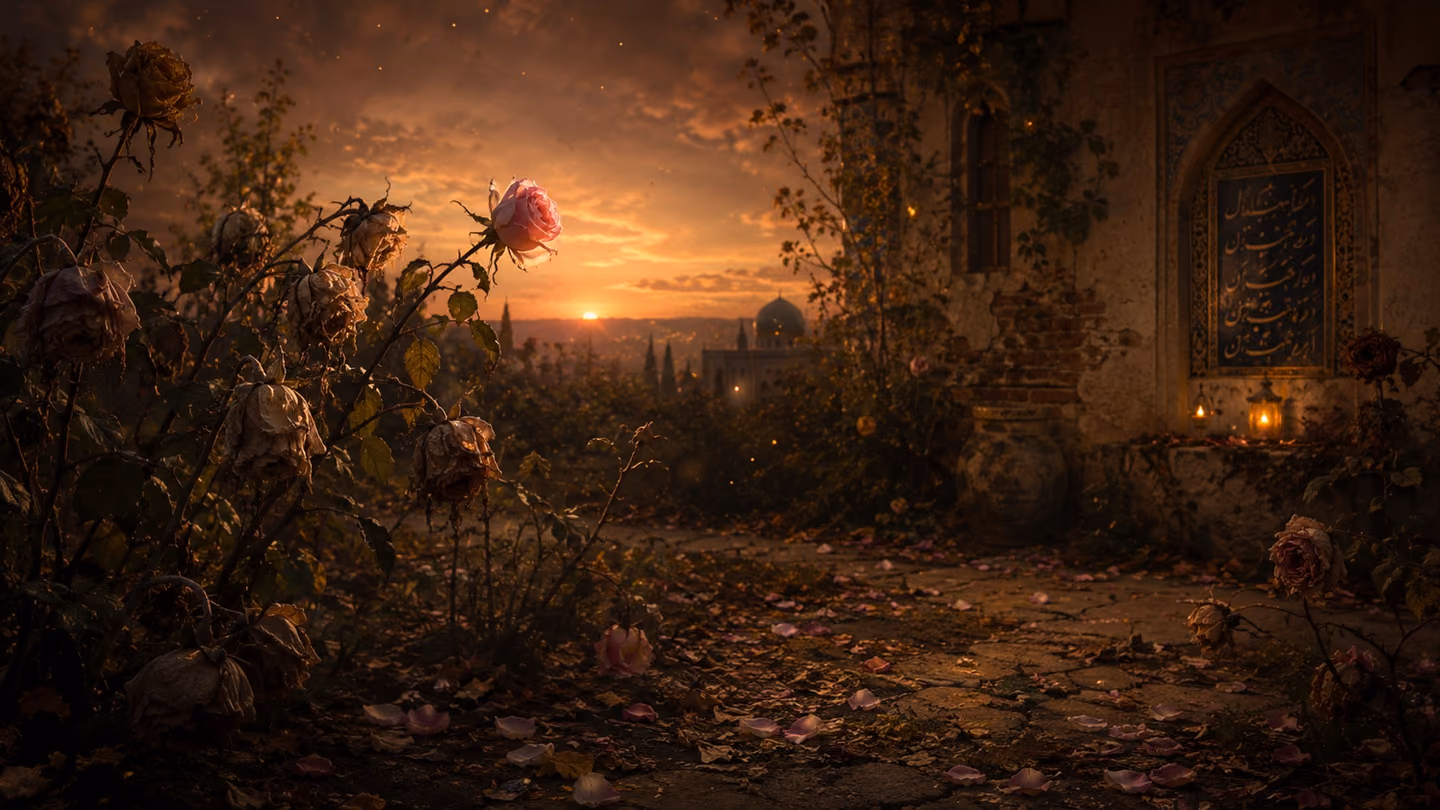 Wide shot of an autumn garden at dusk, pale rose blooms hanging heavy and browning on thorned stems, fallen petals scattered on cracked earth, one last rose still faintly pink catching the last sliver of warm sunset l…