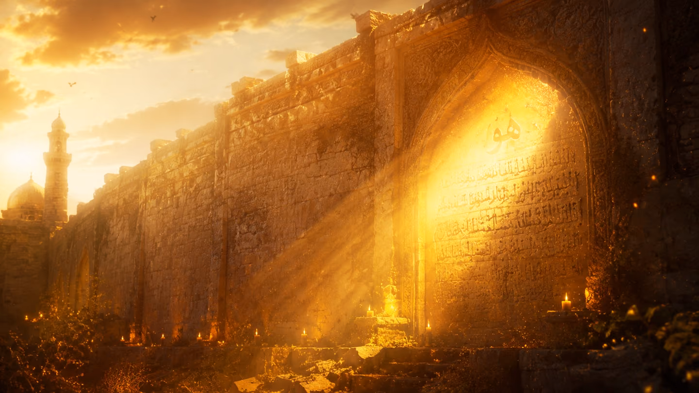 Vast wide shot of an ancient sanctuary wall where shafts of golden dawn light strike a faint carved inscription, illuminating a hidden secret, gold dust adrift in the bright air, calm glowing sky above.